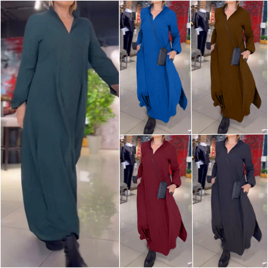 🔥Vente chaude 2024 49% de réduction🔥Robe ample décontractée à manches longues et col en V de couleur unie