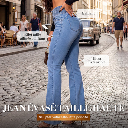 jean évasé taille haute en stretch