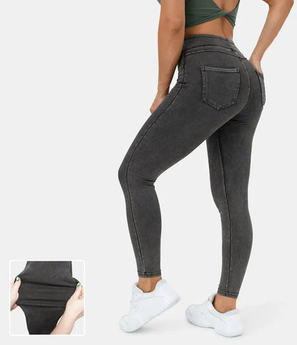 Leggings décontractés en denim tricoté extensible avec poche latérale arrière taille haute