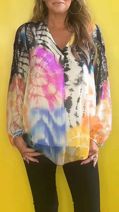 Chemise décontractée à manches longues pour femmes, grande taille, imprimé tie-dye