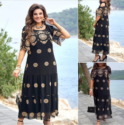 🥰 Robe d'été creuse à manches courtes, jupe longue ample imprimée