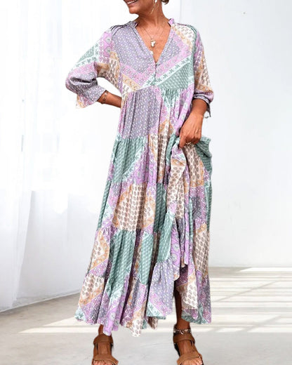 Robe Imprimée à Blocs de Couleur avec Manches 3/4
