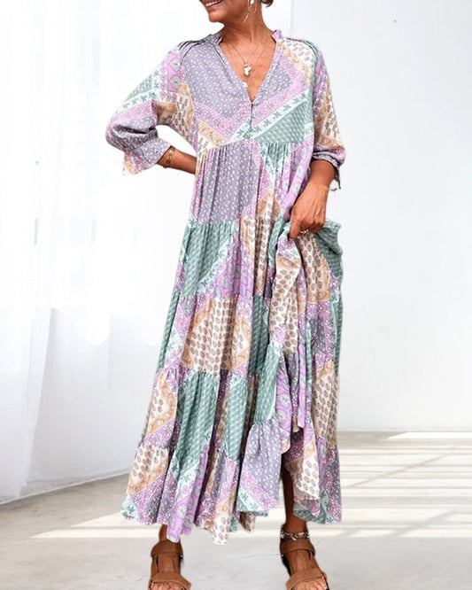 Robe Imprimée à Blocs de Couleur avec Manches 3/4