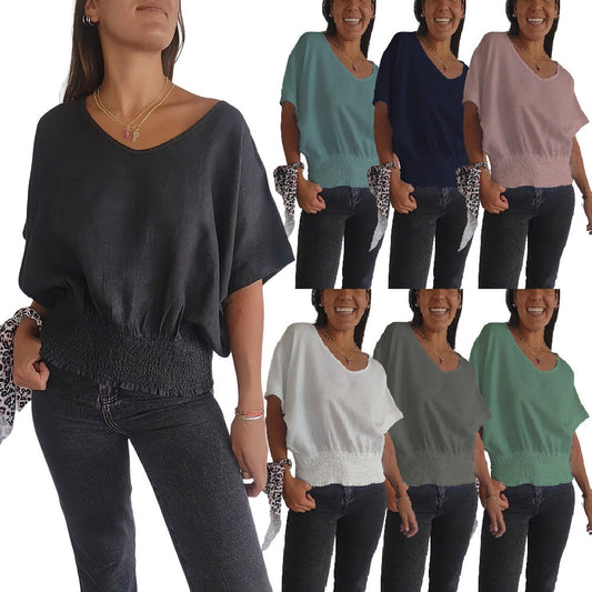 49% de réduction ! 🤩T-shirt simple à manches mi-longues et col en V de couleur unie