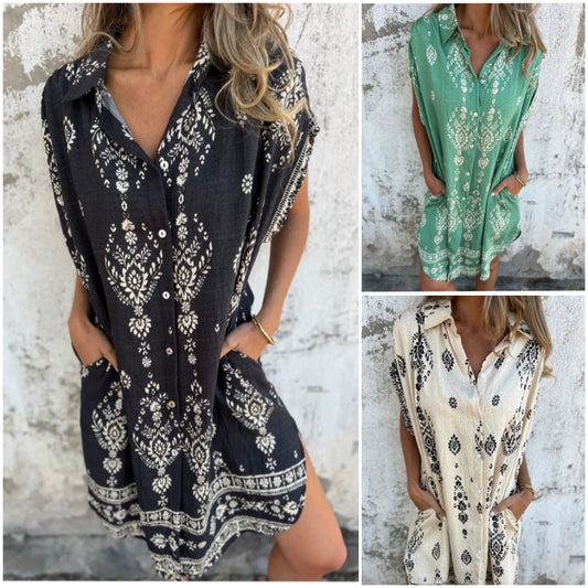 💞40% de réduction💞Classic robe en coton lin imprimé【S-3XL】