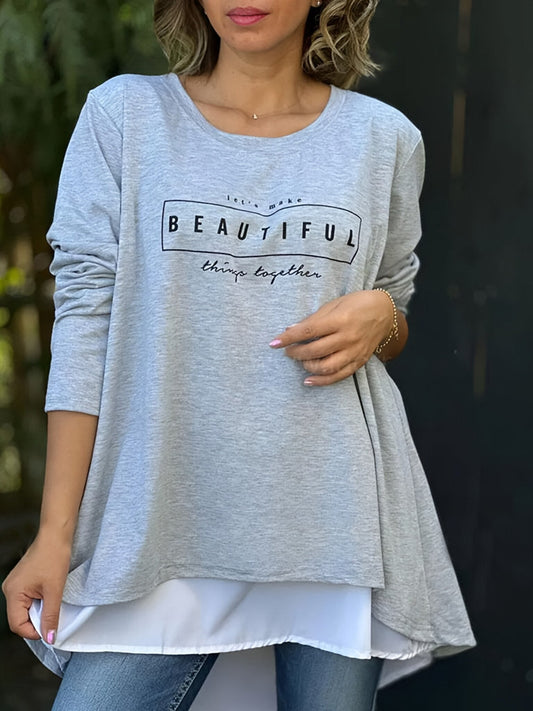 💙Maintenant remise 49% 💙T-shirt faux deux pièces à manches longues imprimé lettre