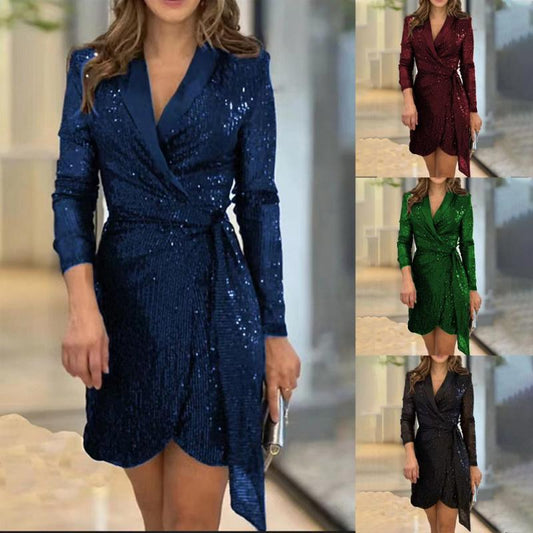 🔥Livraison gratuite🔥[Meilleur cadeau pour elle] Robe pour femme ajustée de couleur unie à paillettes à la mode et sexy