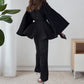 Nouvel ensemble deux pièces : haut ample plissé élégant à lacets et pantalon large