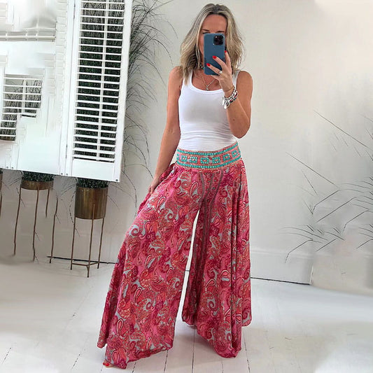 💃Style de vente chaude💥Pantalon léger avec taille élastique, patchwork et imprimé marguerite ethnique