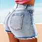 Short en Jean Extensible à Taille Haute et à Franges pour Femmes