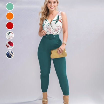 Ensemble 2 pièces pour femme : combinaison florale sans manches à la mode [avec ceinture]