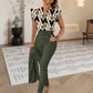 Ensemble 2 pièces pour femme : ensemble haut imprimé élégant et pantalon de couleur unie avec ceinture