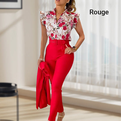 Ensemble 2 pièces pour femme : ensemble haut imprimé élégant et pantalon de couleur unie avec ceinture