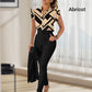 Ensemble 2 pièces pour femme : ensemble haut imprimé élégant et pantalon de couleur unie avec ceinture