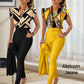 Ensemble 2 pièces pour femme : ensemble haut imprimé élégant et pantalon de couleur unie avec ceinture