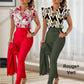 Ensemble 2 pièces pour femme : ensemble haut imprimé élégant et pantalon de couleur unie avec ceinture