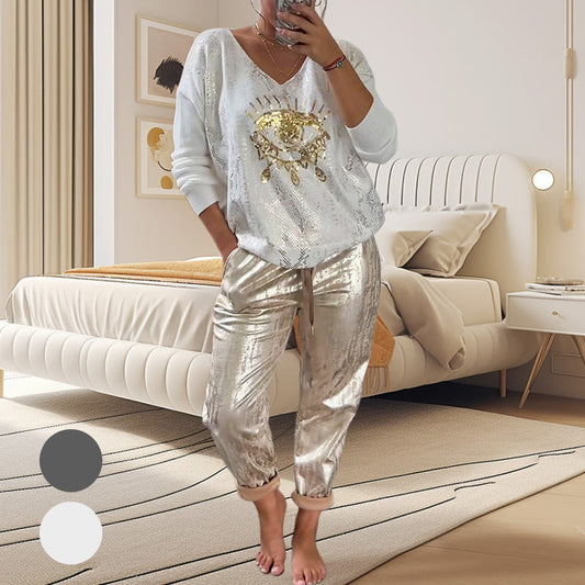 Ensemble 2 pièces pour femmes : ensemble haut en feuille d'or et pantalon à paillettes Devil's Eye