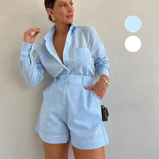 Ensemble 2 Pièces Décontracté : Chemise à Col à Revers et Shorts de Couleur Unie