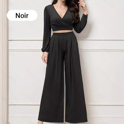 Ensemble 2 pièces femme - crop top col V manches longues et pantalon large