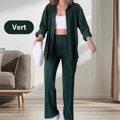 Ensemble deux pièces plissé à revers de couleur unie pour femmes, style ample et décontracté