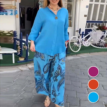 💖2 pièces chemise à manches longues et pantalon ample ensemble pour les femmes avec des imprimés décontractés✨