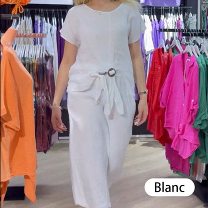 Costume femme décontracté en coton et lin : haut ample boutonné + pantalon