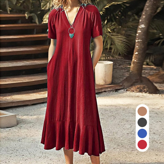 Robe Longue Décontractée à Manches Courtes et Col en V de Couleur Unie