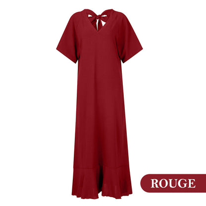 Robe Longue Décontractée à Manches Courtes et Col en V de Couleur Unie