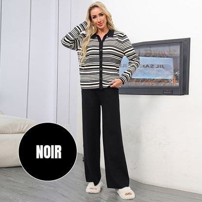 🔥Livraison gratuite🔥Ensemble 2 Pièces en Tricot pour Femmes : Haut à Col Revers & Pantalon à Jambes Larges