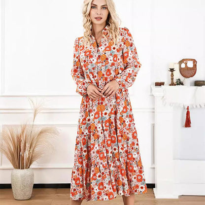 Robe mi-longue bohème à manches longues et col en V pour femme