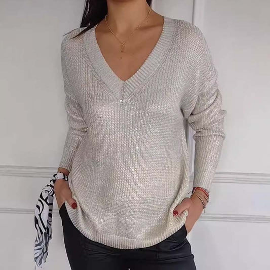 ✨Pull décontracté en maille pour femmes, avec reflets métalliques et col en V