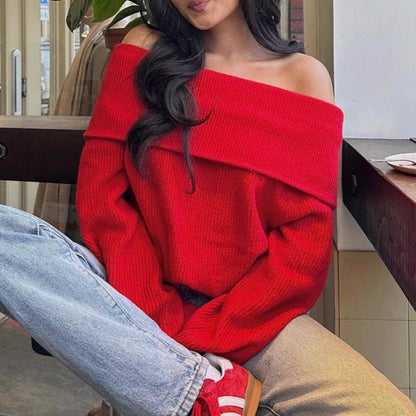 Pull décontracté à manches longues et épaules dénudées pour femme