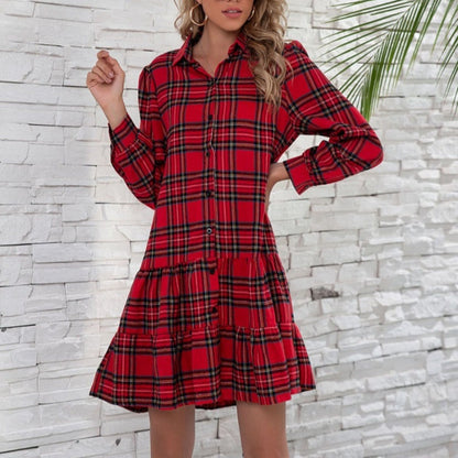 Robe Courte à Carreaux avec Col à Revers de Noël pour Femmes