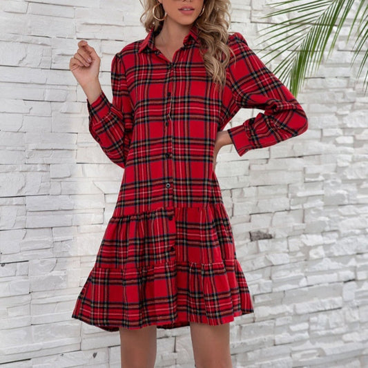 Robe Courte à Carreaux avec Col à Revers de Noël pour Femmes