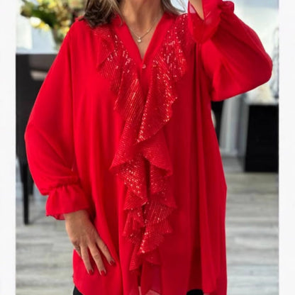 🔥Que dois-je porter demain 💃Chemise à manches longues à col en V en mousseline et paillettes pour femmes