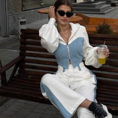 Ensemble 2 pièces haut patchwork tendance et pantalon ample