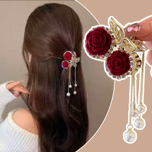 🌹Élégante pince à cheveux en velours rose avec perles✨