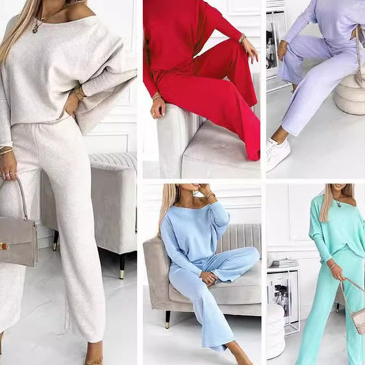 Ensemble en Couleur Unie pour Femmes : Pull à Épaules Tombantes et Pantalon Ample