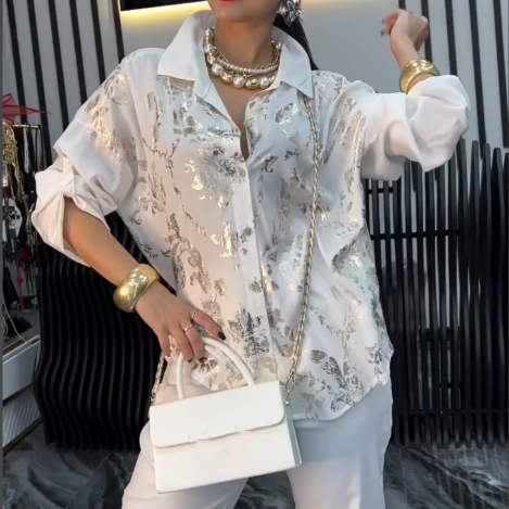 T-shirt boutonné à manches longues imprimé pour femme