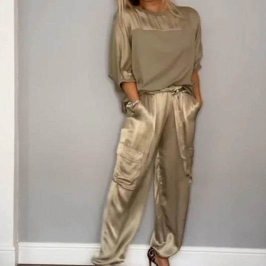 🔥Vente à chaud - 49 % de réduction🔥Ensemble 2 pièces haut à col rond et pantalon pour femme