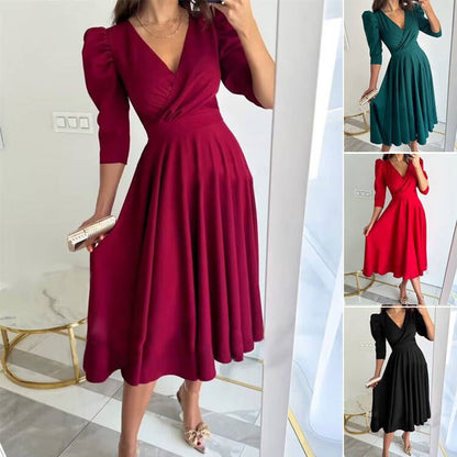 👗Robe midi plissée à col en V pour femme