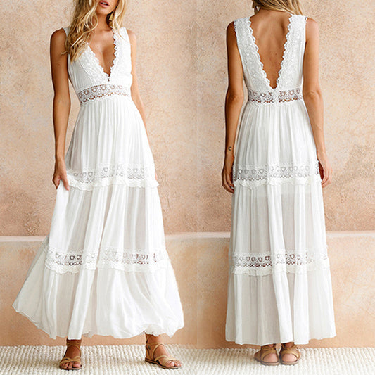 Robe longue à col en V et dos en dentelle