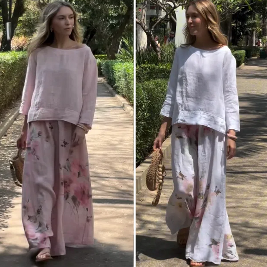 🔥Ensemble deux pièces avec haut uni et pantalon large fleuri🌸