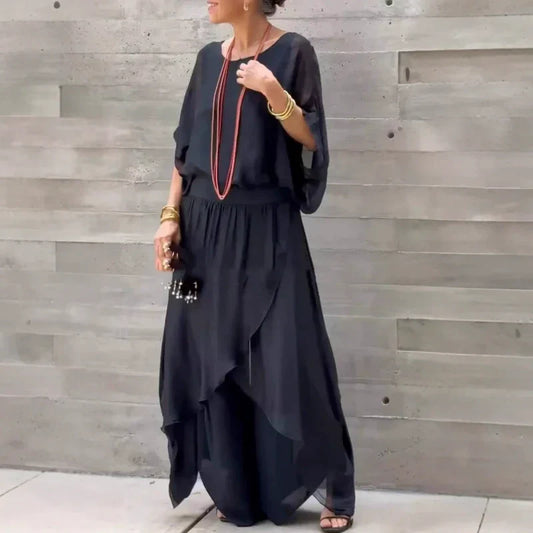 Ensemble 2 pièces en mousseline avec haut ample et pantalon large fendu