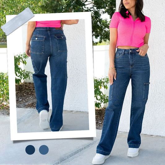 Jeans stretch cargo à jambe large et à taille haute pour femmes