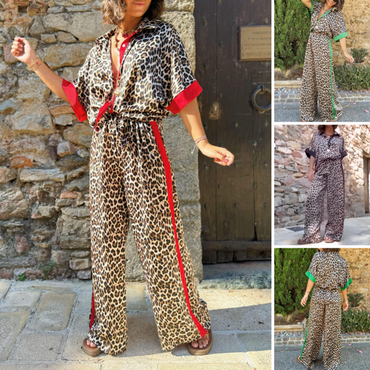 Ensemble 2 pièces imprimé léopard Chemise boutonnée et pantalon large