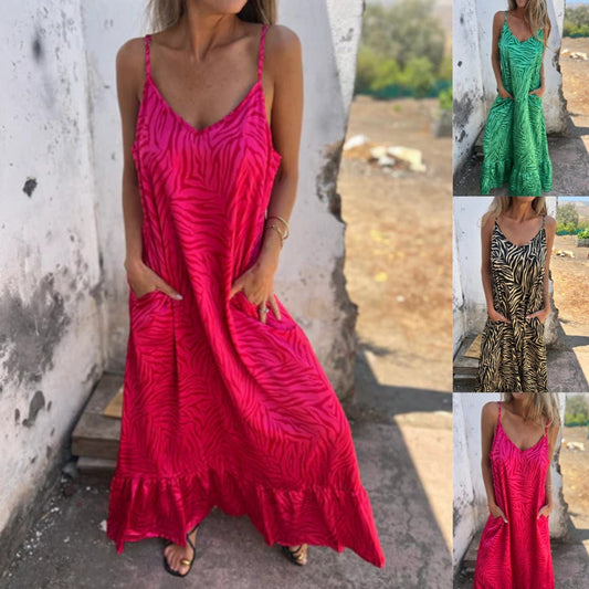 Robe longue imprimée à bretelles spaghetti pour femme