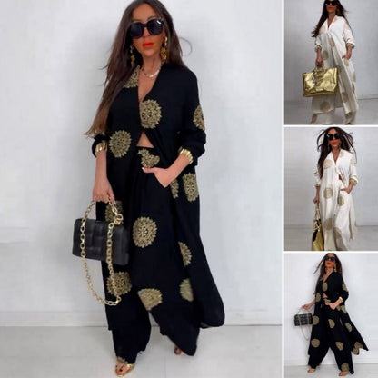 Ensemble deux pièces pour femmes comprenant un haut ample à col en V et un pantalon large imprimé