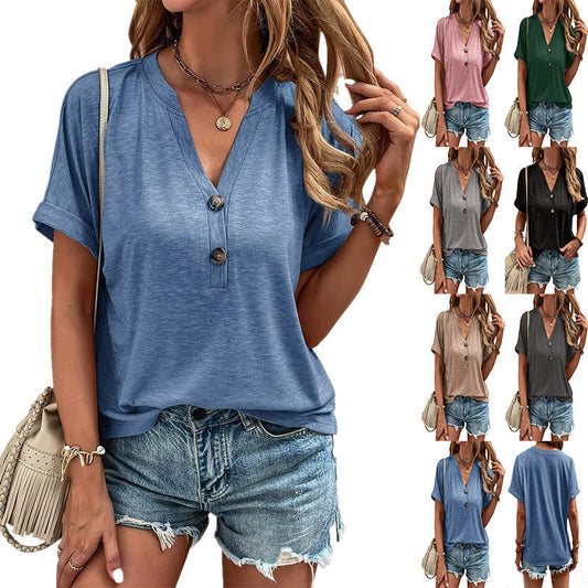 Chemise boutonnée décontractée à manches courtes et col en V pour femme