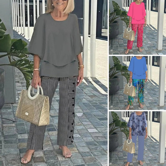 🌸Ensemble pantalon décontracté pour femme avec une encolure ronde et des demi-manches avec un imprimé